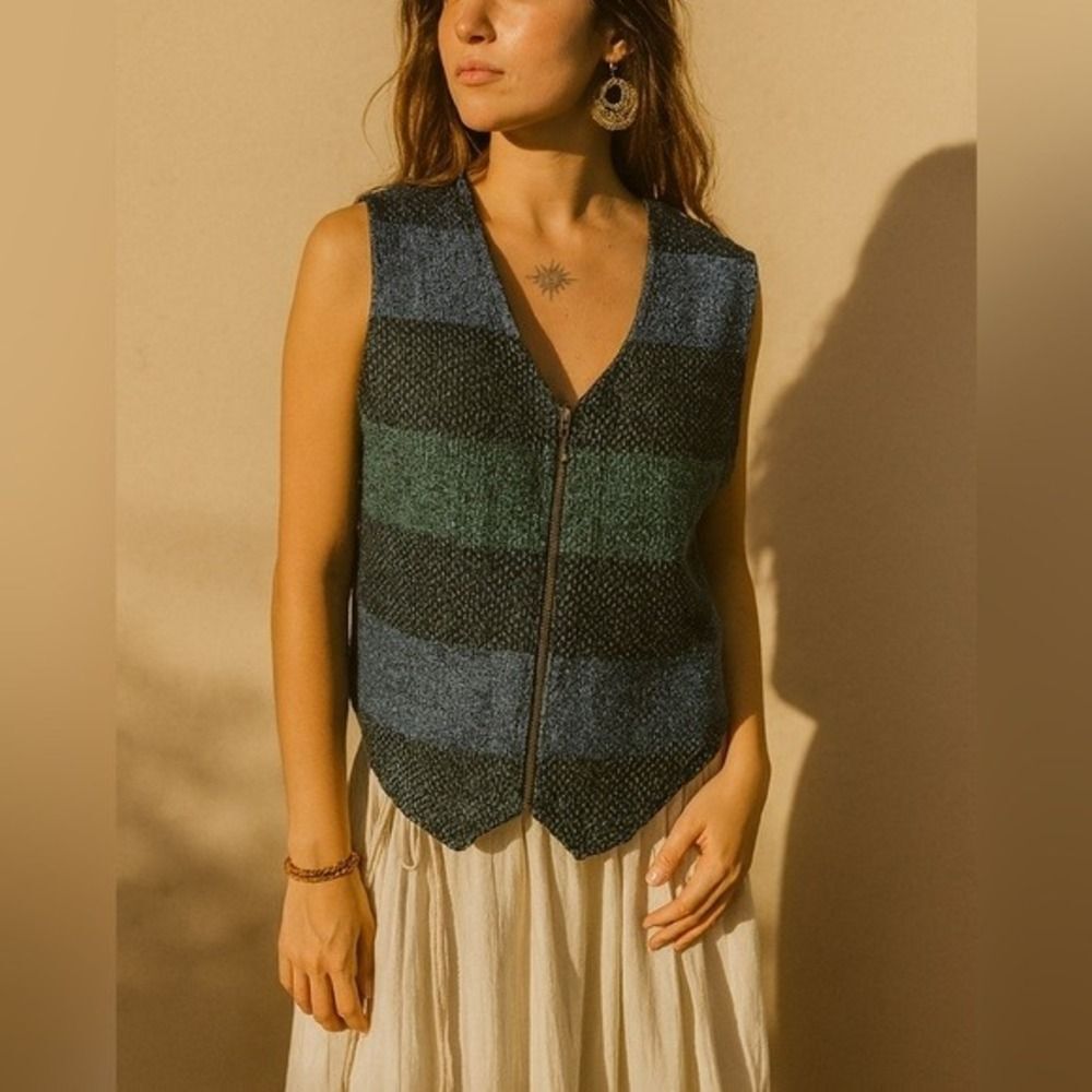 Vintage Westbound Womens Blue Cotton Tweed Striped Full Zip Vest sz XL 1980s-90s